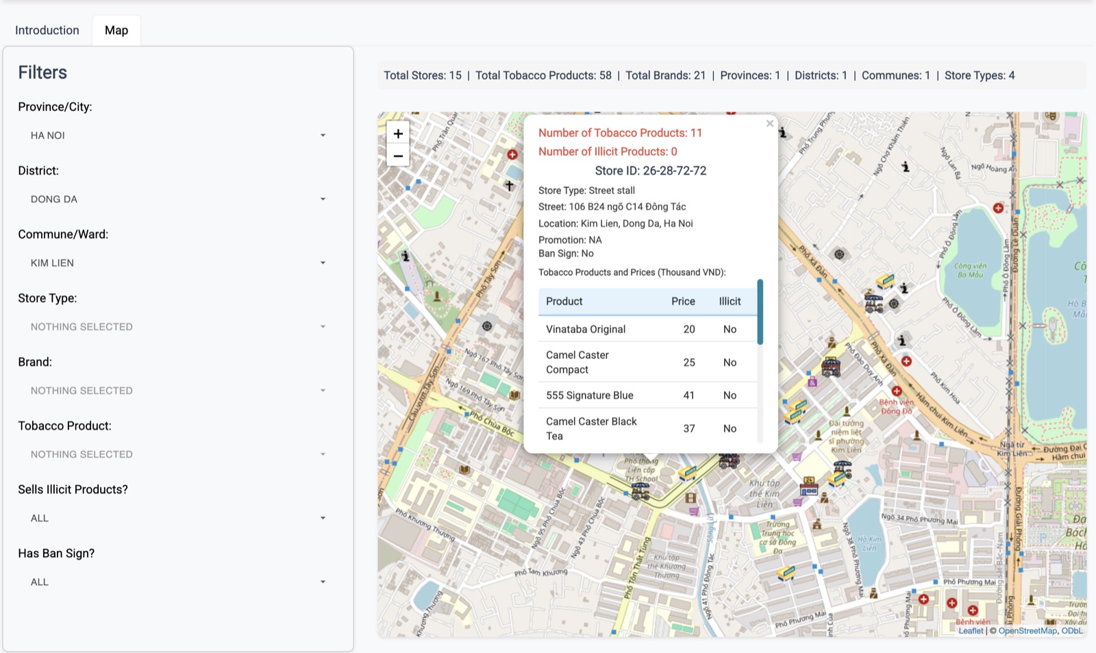 Filter and popup screen in Tobacco Mapping 2025